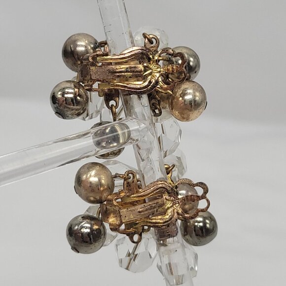 Vintage Cluster Clip-On Earrings With Clear Faceted Beads & Silver-Tone Balls - Picture 10 of 11